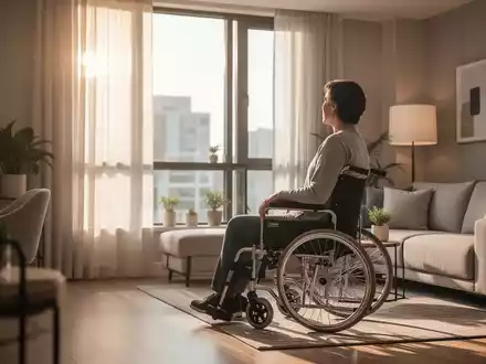 Eine Person im Rollstuhl blickt aus dem Fenster einer modernen Wohnung, symbolisiert Wohngeld und Wohnen mit Behinderung. - Foto: über boerse-global.de