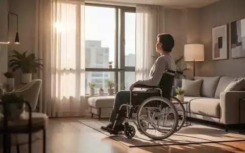 Eine Person im Rollstuhl blickt aus dem Fenster einer modernen Wohnung, symbolisiert Wohngeld und Wohnen mit Behinderung. - Foto: über boerse-global.de
