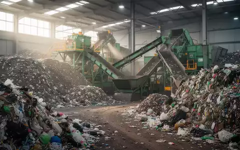 Eine weitläufige industrielle Abfallanlage mit großen Haufen sortierter Abfallmaterialien und Recyclingmaschinen unter atmosphärischer Beleuchtung. - Foto: über boerse-global.de