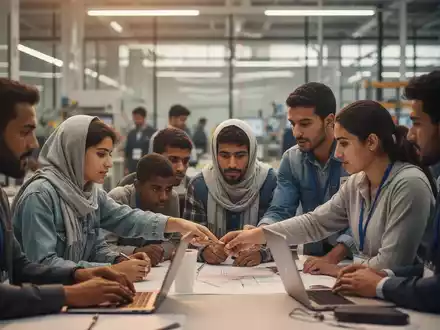Eine vielfältige Gruppe von Menschen, einige davon Geflüchtete, arbeitet in einem modernen Büro oder einer Fabrik, was Integration symbolisiert. - Foto: über boerse-global.de