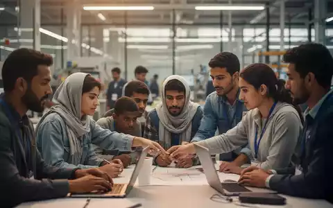 Eine vielfältige Gruppe von Menschen, einige davon Geflüchtete, arbeitet in einem modernen Büro oder einer Fabrik, was Integration symbolisiert. - Foto: über boerse-global.de