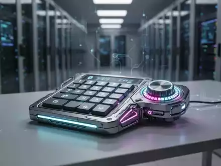Futuristisches mechanisches Tastenfeld mit leuchtenden RGB-Lichtern, Drehregler und Joystick auf einem minimalistischen Schreibtisch, das KI-Steuerung symbolisiert. - Foto: über boerse-global.de