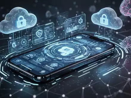 Ein Smartphone mit einer digitalen Benutzeroberfläche, die Datensicherungen und KI-Prozesse anzeigt, umgeben von Cloud-Speicher-Symbolen. - Foto: über boerse-global.de