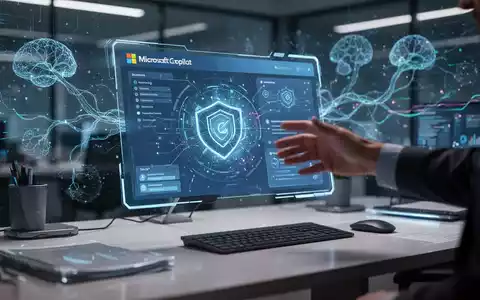 Futuristischer Schreibtisch mit holografischem Display der Microsoft Copilot-Oberfläche, eine Hand zeigt darauf. - Foto: über boerse-global.de