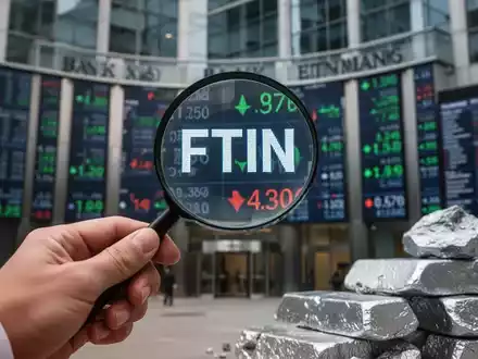 Eine Hand hält eine Lupe über einen Aktien-Ticker mit dem Symbol 'FTIN', im Hintergrund eine Bank und Zinntafeln. - Foto: über boerse-global.de