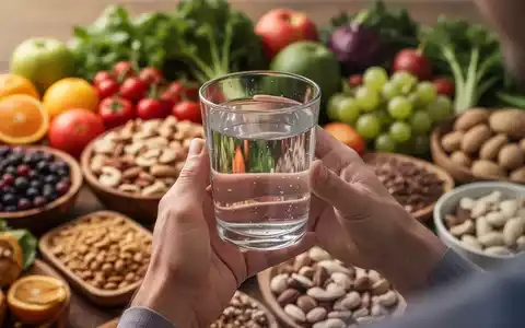 Nahaufnahme von Händen, die ein Glas Wasser halten, mit unscharfem Hintergrund aus frischen pflanzlichen Lebensmitteln. - Foto: über boerse-global.de