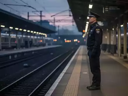 Ein Bahnmitarbeiter in Uniform steht auf einem leeren Bahnsteig bei Dämmerung und blickt nachdenklich in die Ferne. - Foto: über boerse-global.de