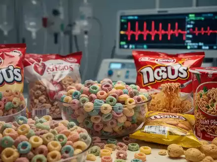 Nahaufnahme von ultra-verarbeiteten Lebensmitteln wie Müsli und Snacks, im Hintergrund verschwommen medizinische Instrumente. - Foto: über boerse-global.de