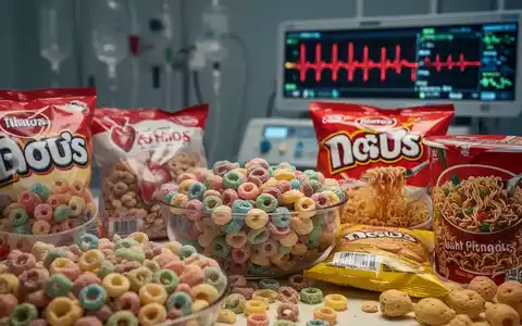 Nahaufnahme von ultra-verarbeiteten Lebensmitteln wie Müsli und Snacks, im Hintergrund verschwommen medizinische Instrumente. - Foto: über boerse-global.de