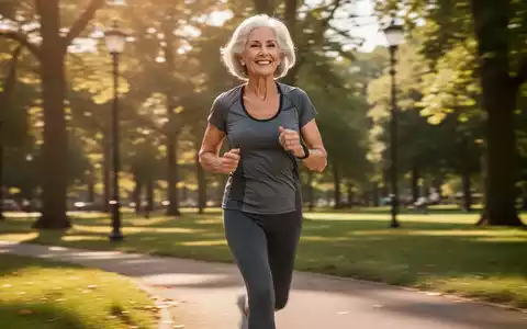 Eine lächelnde Frau über 55 in Sportkleidung geht zügig durch einen sonnigen Park, der ihre Vitalität und Aktivität unterstreicht. - Foto: über boerse-global.de