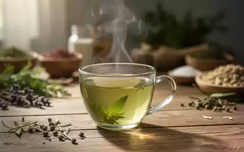 Eine dampfende Tasse grüner Tee auf einem Holztisch, im Hintergrund unscharf angedeutete natürliche Elemente. - Foto: über boerse-global.de