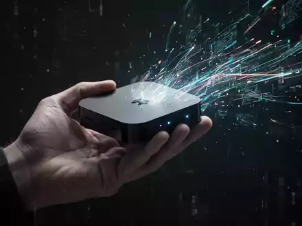 Eine Hand hält ein modifiziertes Streaming-Gerät, von dem digitale Datenströme ausgehen, symbolisierend illegale Aktivitäten. - Foto: über boerse-global.de