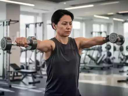 Eine Person führt eine Schulterübung mit Kurzhanteln in einem modernen Fitnessstudio durch, die Stabilität und Beweglichkeit fördert. - Foto: über boerse-global.de