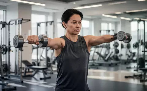 Eine Person führt eine Schulterübung mit Kurzhanteln in einem modernen Fitnessstudio durch, die Stabilität und Beweglichkeit fördert. - Foto: über boerse-global.de