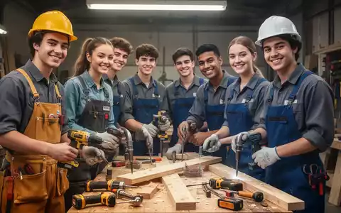 Junge Handwerker in einer Werkstatt, die verschiedene handwerkliche Tätigkeiten ausführen, symbolisieren den Anstieg der Ausbildungszahlen. - Foto: über boerse-global.de