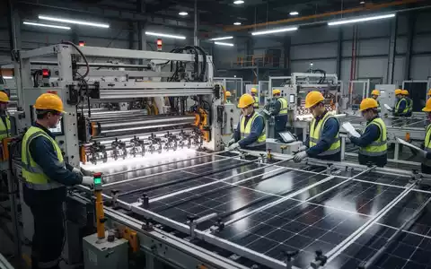 Arbeiter montieren Solarmodule in einer Produktionshalle, im Hintergrund Maschinen und elektronische Komponenten. - Foto: über boerse-global.de