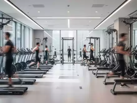 Innenansicht eines modernen Fitnessstudios mit Trainingsgeräten und verschwommenen Personen, die trainieren, symbolisiert den deutschen Fitnessmarkt. - Foto: über boerse-global.de