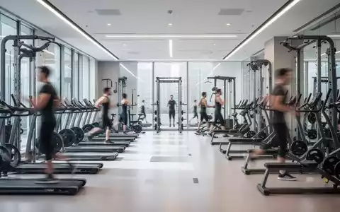 Innenansicht eines modernen Fitnessstudios mit Trainingsgeräten und verschwommenen Personen, die trainieren, symbolisiert den deutschen Fitnessmarkt. - Foto: über boerse-global.de