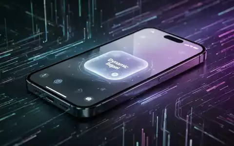 Nahaufnahme eines futuristischen Smartphone-Bildschirms mit leuchtender, interaktiver Dynamic-Island-Oberfläche und abstrakten digitalen Elementen. - Foto: über boerse-global.de