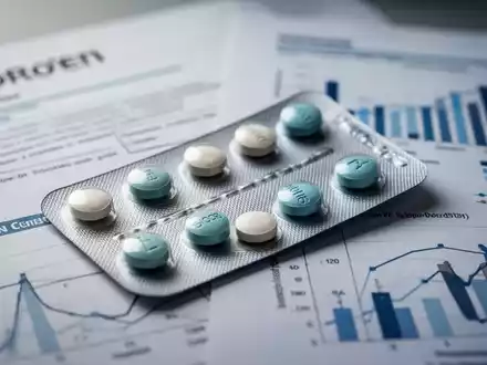 Nahaufnahme einer Ibuprofen-Blisterpackung mit verschwommenen medizinischen Dokumenten und Diagrammen im Hintergrund. - Foto: über boerse-global.de