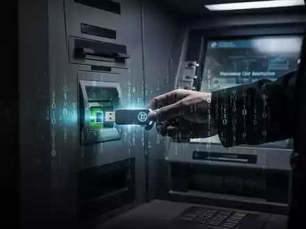 Eine Hand steckt einen leuchtenden USB-Stick in einen Geldautomaten, umgeben von digitalen Codes, die Malware andeuten. - Foto: über boerse-global.de
