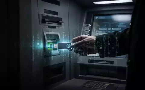 Eine Hand steckt einen leuchtenden USB-Stick in einen Geldautomaten, umgeben von digitalen Codes, die Malware andeuten. - Foto: über boerse-global.de