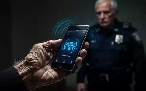 Eine ältere Hand hält ein klingelndes Smartphone, im Hintergrund verschwommen die Silhouette eines Polizisten. Dramatische Beleuchtung. - Foto: über boerse-global.de