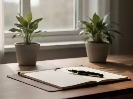 Ein ruhiger, minimalistischer Arbeitsplatz mit viel natürlichem Licht, einer einzelnen Topfpflanze und einem Notizbuch mit Füllfederhalter. - Foto: über boerse-global.de