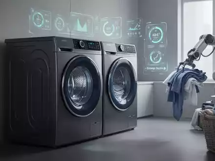 Eine moderne Waschmaschine und ein Trockner in einem intelligenten Zuhause, mit einem Roboterarm, der Wäsche faltet. - Foto: über boerse-global.de