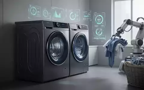 Eine moderne Waschmaschine und ein Trockner in einem intelligenten Zuhause, mit einem Roboterarm, der Wäsche faltet. - Foto: über boerse-global.de