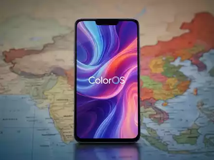 Smartphone mit bunter, abstrakter Benutzeroberfläche, Karte mit Indien und China im Hintergrund. - Foto: über boerse-global.de