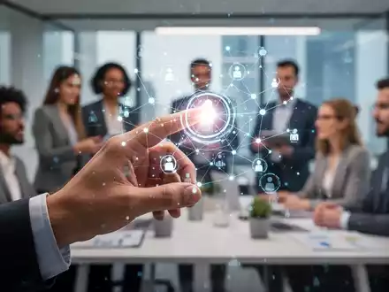 Eine menschliche Hand interagiert mit einer holografischen Schnittstelle, die KI-Daten zeigt, und symbolisiert KI-Integration in HR und Gehaltsabrechnung. - Foto: über boerse-global.de
