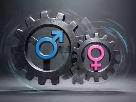 Zwei ineinandergreifende Zahnräder, eines größer und mit Männersymbol, das kleinere mit Frauensymbol, symbolisieren Verhandlungstaktiken und Lohngefälle. - Foto: über boerse-global.de