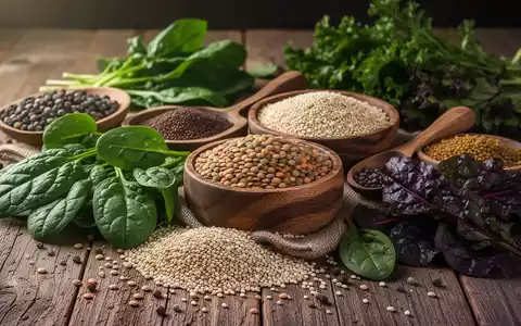 Eine Nahaufnahme von verschiedenen eisenreichen pflanzlichen Lebensmitteln wie Spinat, Linsen und Quinoa auf einem Holztisch. - Foto: über boerse-global.de