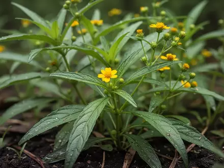 Nahaufnahme der Sài ??t (Wedelia chinensis) Pflanze mit weichen grünen Stielen, länglichen Blättern und kleinen gelben Blüten. - Foto: über boerse-global.de