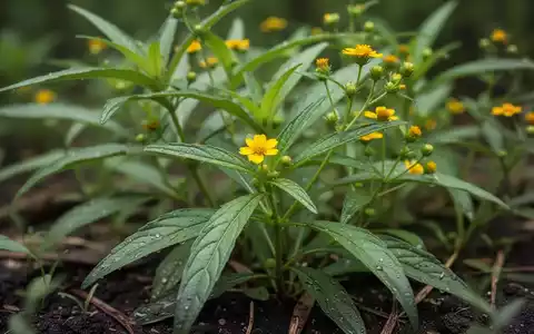 Nahaufnahme der Sài ??t (Wedelia chinensis) Pflanze mit weichen grünen Stielen, länglichen Blättern und kleinen gelben Blüten. - Foto: über boerse-global.de