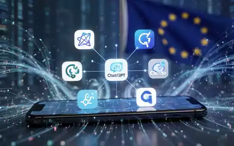 Smartphone-Bildschirm mit mehreren vernetzten KI-Assistenten-Logos, verschwommenem Hintergrund digitaler Datenflüsse und dezentem EU-Flag. - Foto: über boerse-global.de