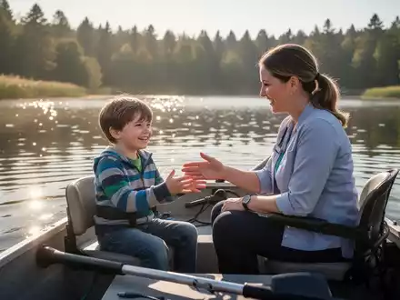 Ein Kind mit Autismus und ein Therapeut in einem Therapieboot auf einem ruhigen See, umgeben von Natur. - Foto: über boerse-global.de