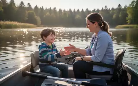 Ein Kind mit Autismus und ein Therapeut in einem Therapieboot auf einem ruhigen See, umgeben von Natur. - Foto: über boerse-global.de