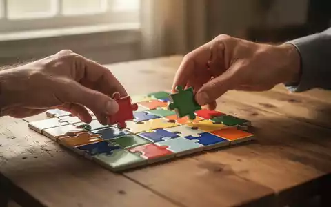 Nahaufnahme von Händen, die bunte Kachel-Match-Puzzleteile auf einem Holztisch anordnen, Symbol für kognitive Stimulation. - Foto: über boerse-global.de