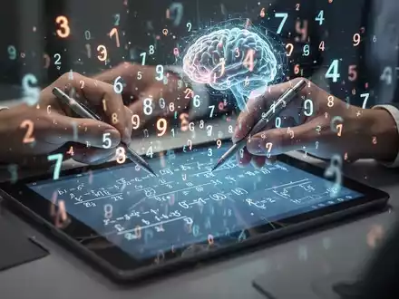 Hände lösen eine komplexe mathematische Aufgabe auf einem digitalen Tablet, umgeben von abstrakten leuchtenden Zahlen. - Foto: über boerse-global.de