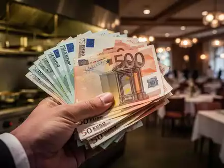 Eine Nahaufnahme einer Hand, die einen Stapel Euro-Banknoten hält, mit verschwommenem Hintergrund einer Restaurantküche. - Foto: über boerse-global.de