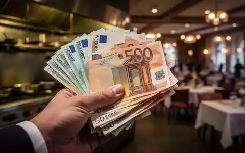 Eine Nahaufnahme einer Hand, die einen Stapel Euro-Banknoten hält, mit verschwommenem Hintergrund einer Restaurantküche. - Foto: über boerse-global.de