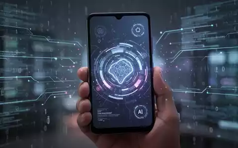 Ein Samsung Galaxy A34 Smartphone zeigt eine futuristische Benutzeroberfläche mit KI-Elementen, gehalten von einer Hand. - Foto: über boerse-global.de