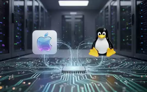 Stilisierte Leiterplatte verbindet macOS- und Linux-Symbole, symbolisiert nahtlose Integration von VMs und Containern. - Foto: über boerse-global.de
