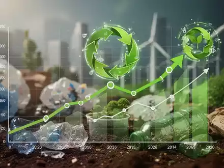 Eine stilisierte Grafik zeigt sinkendes Wirtschaftswachstum, überlagert von Kreislaufwirtschaftssymbolen vor einem Hintergrund nachhaltiger Produkte. - Foto: über boerse-global.de