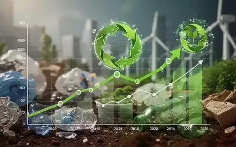 Eine stilisierte Grafik zeigt sinkendes Wirtschaftswachstum, überlagert von Kreislaufwirtschaftssymbolen vor einem Hintergrund nachhaltiger Produkte. - Foto: über boerse-global.de