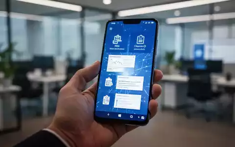 Eine Hand hält ein Smartphone, das eine Windows-Oberfläche mit Zwischenablage-Daten spiegelt. Verschwommener Bürohintergrund deutet auf digitalen Arbeitsablauf hin. - Foto: über boerse-global.de