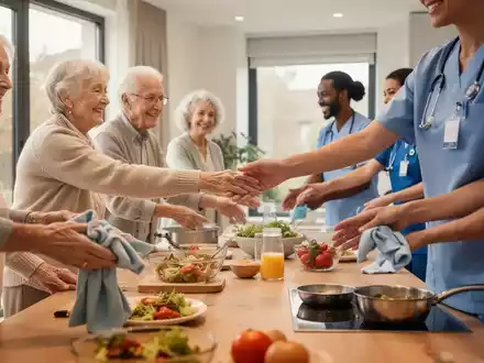 Betreuungskraft hilft einer älteren Person in einem sauberen, modernen Zuhause, symbolisiert die Nachfrage nach Hauswirtschaft und Pflege. - Foto: über boerse-global.de