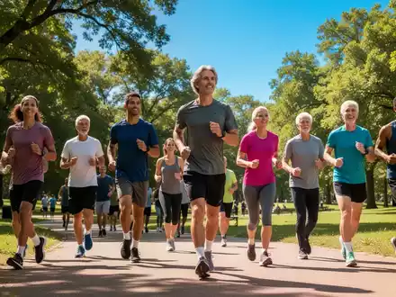 Eine vielfältige Gruppe von Menschen jeden Alters, die in einem sonnigen Park gehen oder joggen, um Fitness und Gesundheit zu fördern. - Foto: über boerse-global.de